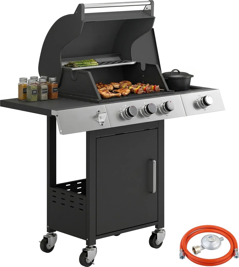 Outsunny 10,5 kW 3+1 égős propán gázgrill kocsival, rozsdamentes acél — oldalsó égő, sörnyitó, hőmérő, öntöttvas rácsok, melegentartó rács, kerekek, o