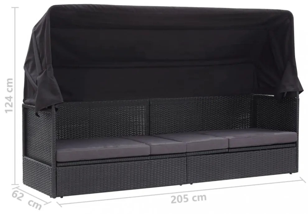 fekete polyrattan kültéri kanapé napellenzővel