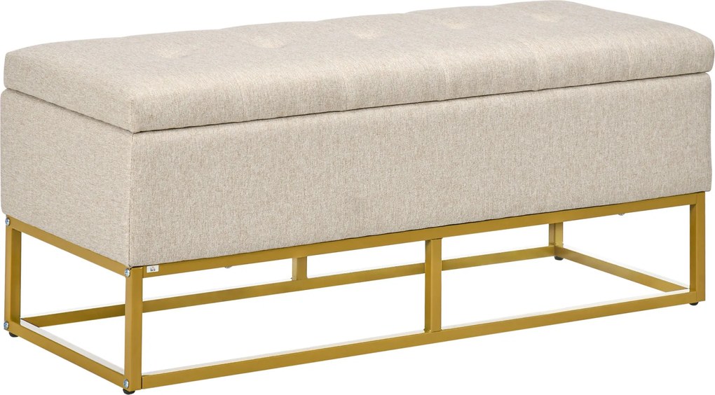 HOMCOM Tároló Ottoman Pad Gesztussal Kárpitozott Szintetikus Vászonban, Felhajtható Tetővel és Acél Lábbal, 110x44x48 cm | Aosom