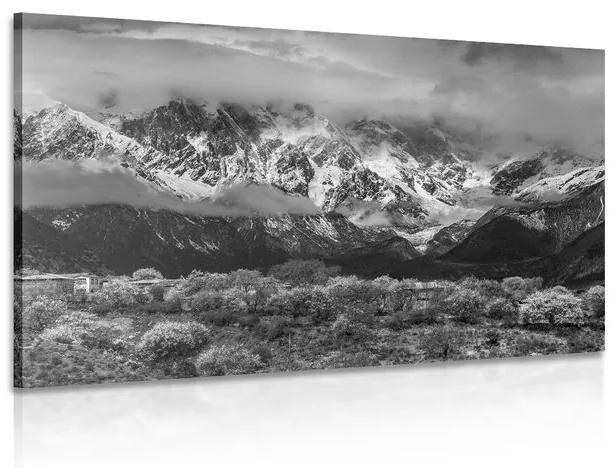 Kép egyedi hegyi táj fekete-fehérben