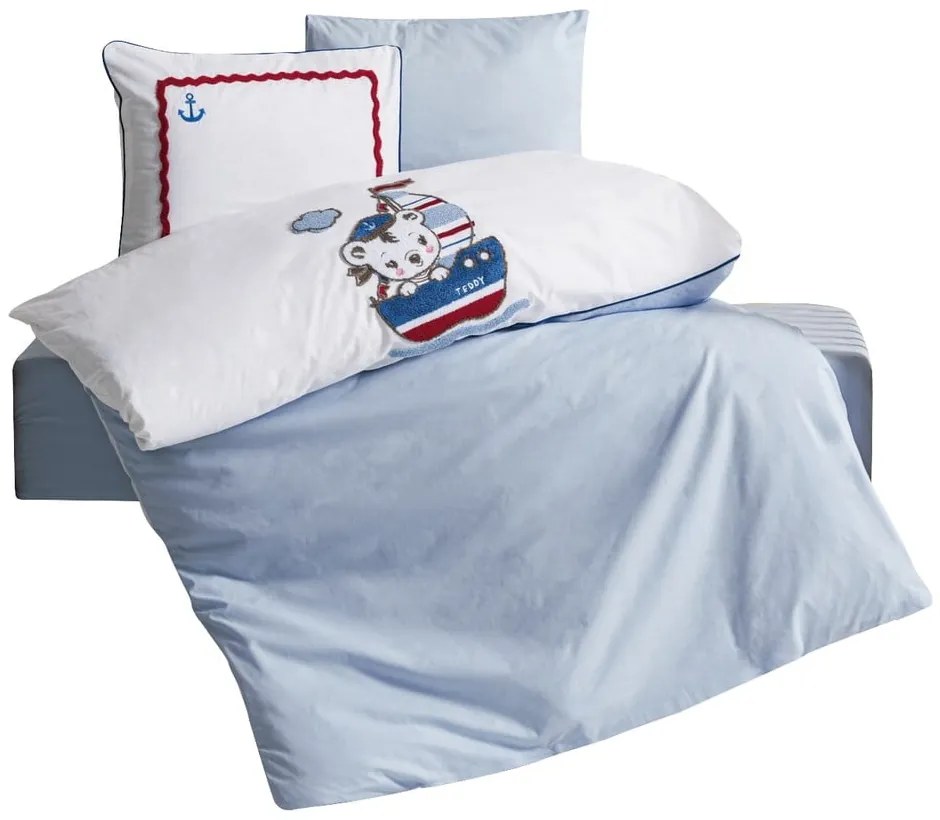 Fehér-kék négyrészes pamut gyerek ágyneműhuzat babaágyhoz lepedővel 100x150 cm Miniyo – Mijolnir