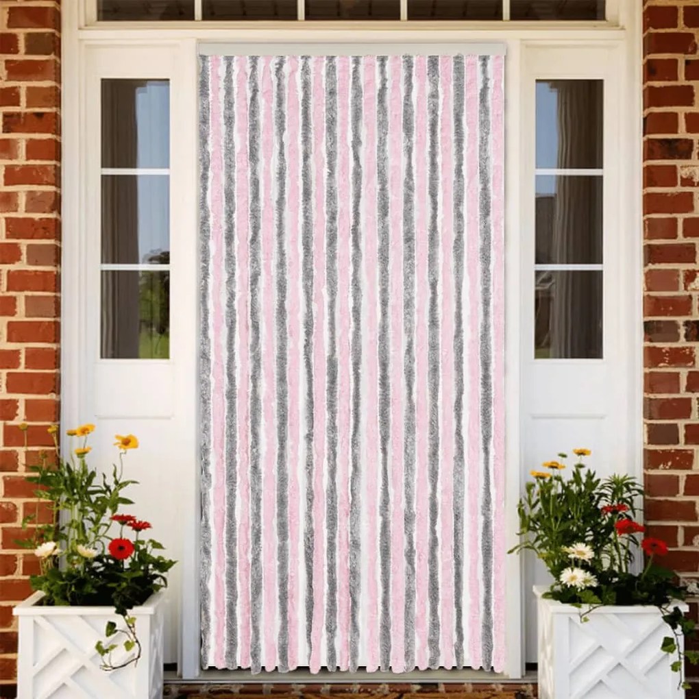 ezüstszürke és rózsaszín zsenília rovarfüggöny 100 x 230 cm