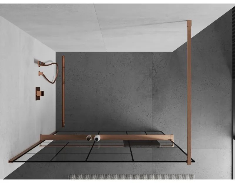 Mexen Kioto+, Walk-In zuhanyparaván polccal és akasztóval 70 x 200 cm, 8 mm átlátszó üveg fekete mintás, réz matt profil, 800-070-121-65-78