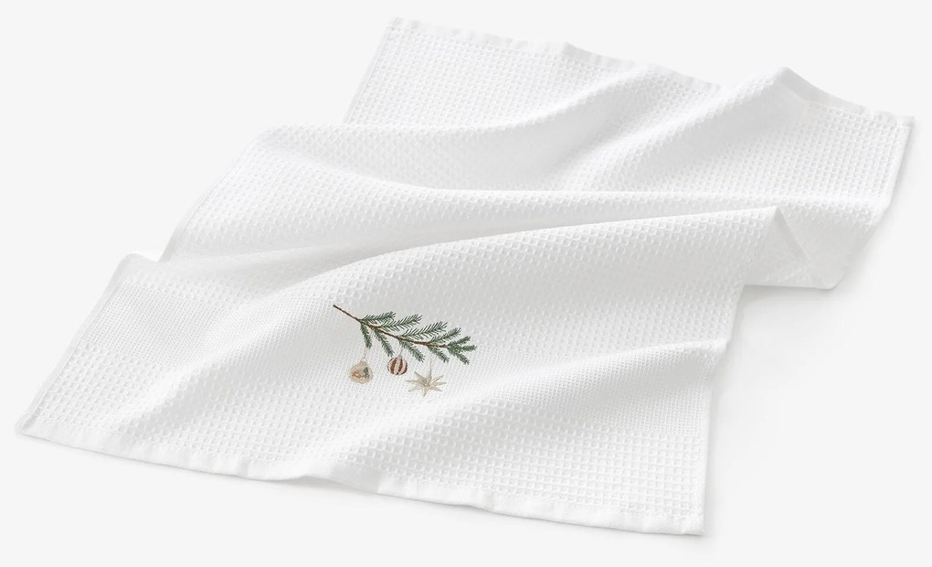 Goldea karácsonyi hímzett waffle konyharuha - gömbök az ágon fehér háttéren 50 x 70 cm