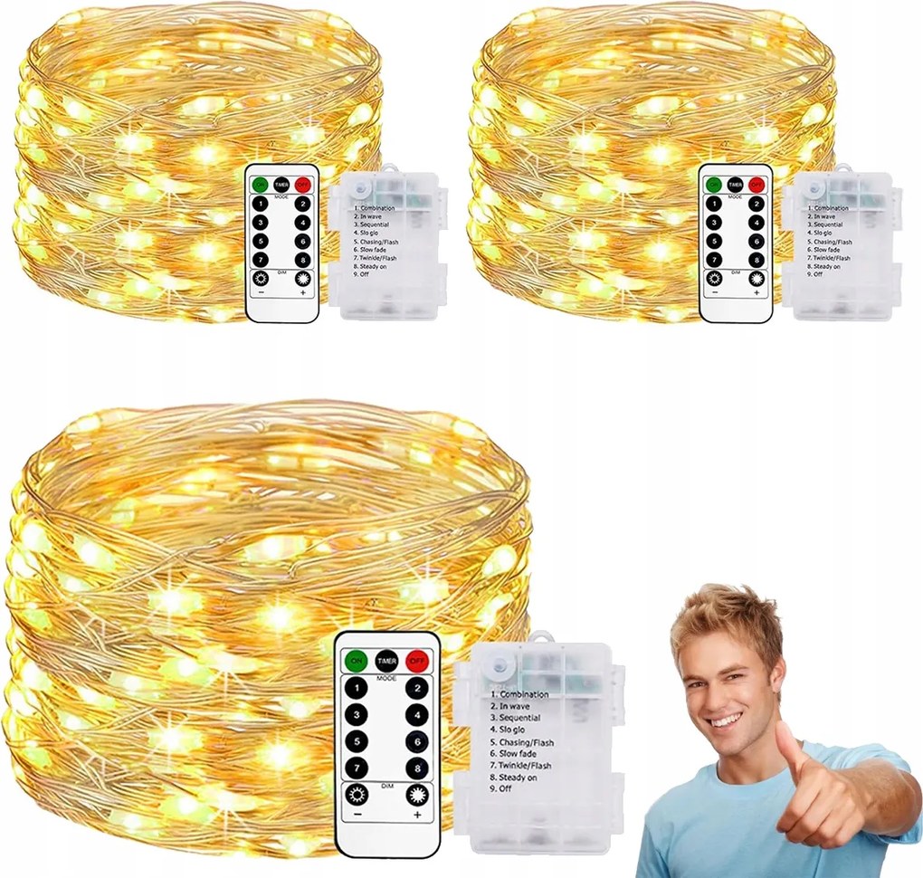 Led Drót Lámpa 10M 100 Lámpa Fehér Meleg Elemes Mikro Lámpa