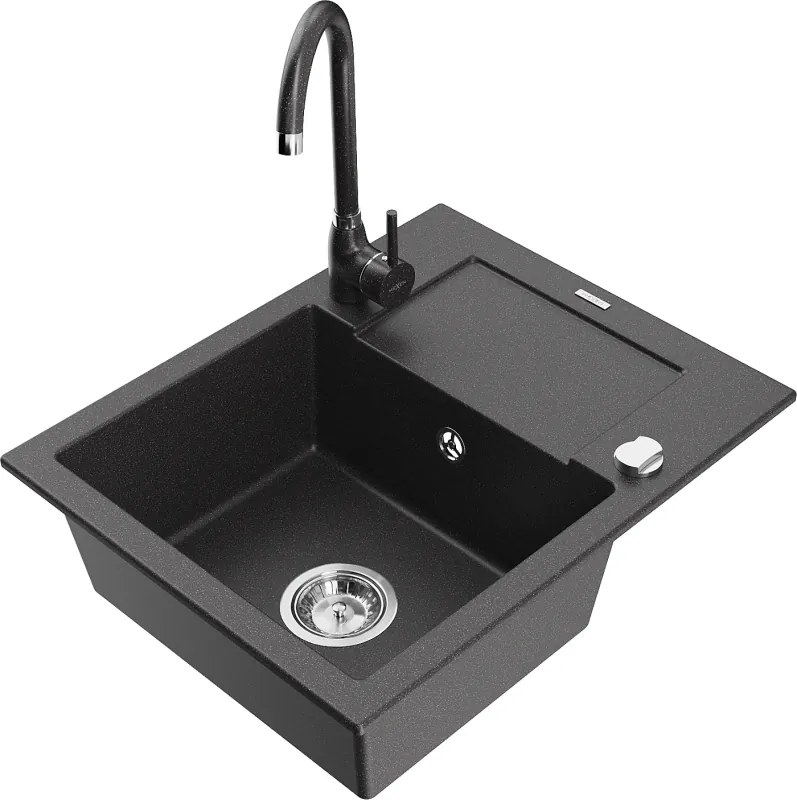 Mexen Enzo egykamrás gránit mosogató csepegtetővel és Telma konyhai csapteleppel, fekete pettyes - 6506-76-670200-76