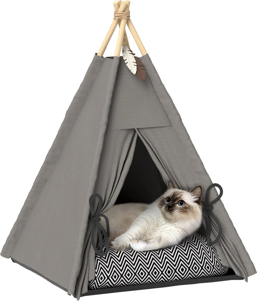 PawHut Tipee sátor kisállatoknak, macska sátor levehető és mosható párnával, macska ház csúszásmentes aljúval, játék labdával, 5 kg alatti macskáknak,