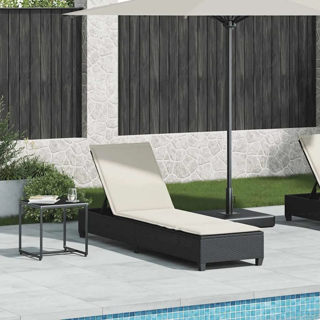 Fekete polyrattan napozóágy párnákkal 55x200x25,5 cm