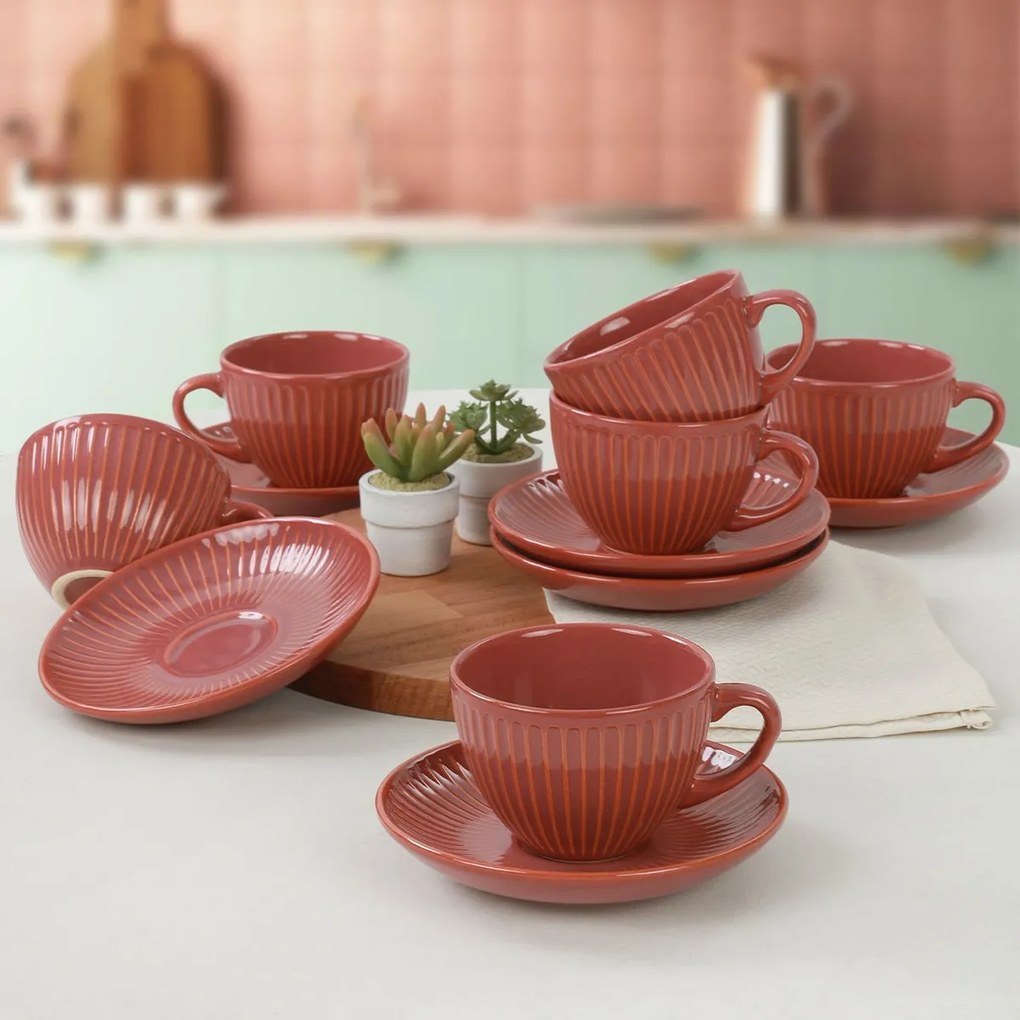 6 darab kerámia csésze és csészealj szett Linea210 ml, narancssárga