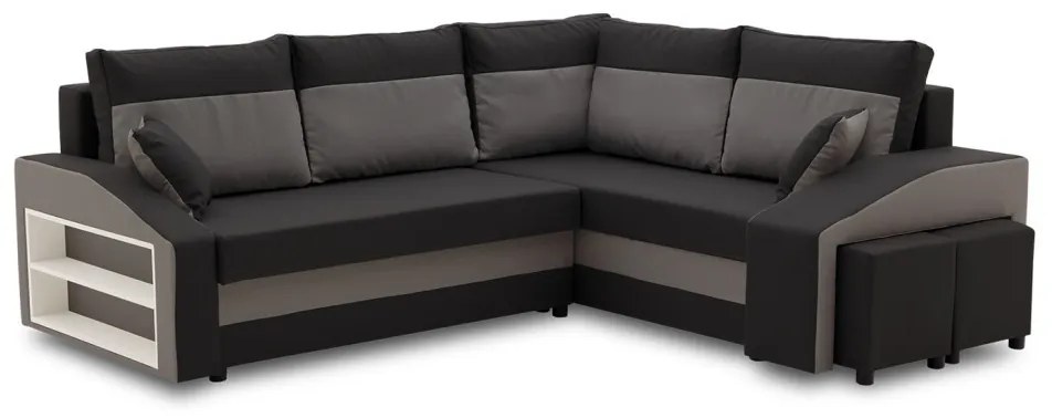 Grande sarokkanapé polcokkal és puffokkal , polc a bal karfaban puffok a jobb karfaban, jobboldali, szövet anyag, hab töltet, fekete - szürke