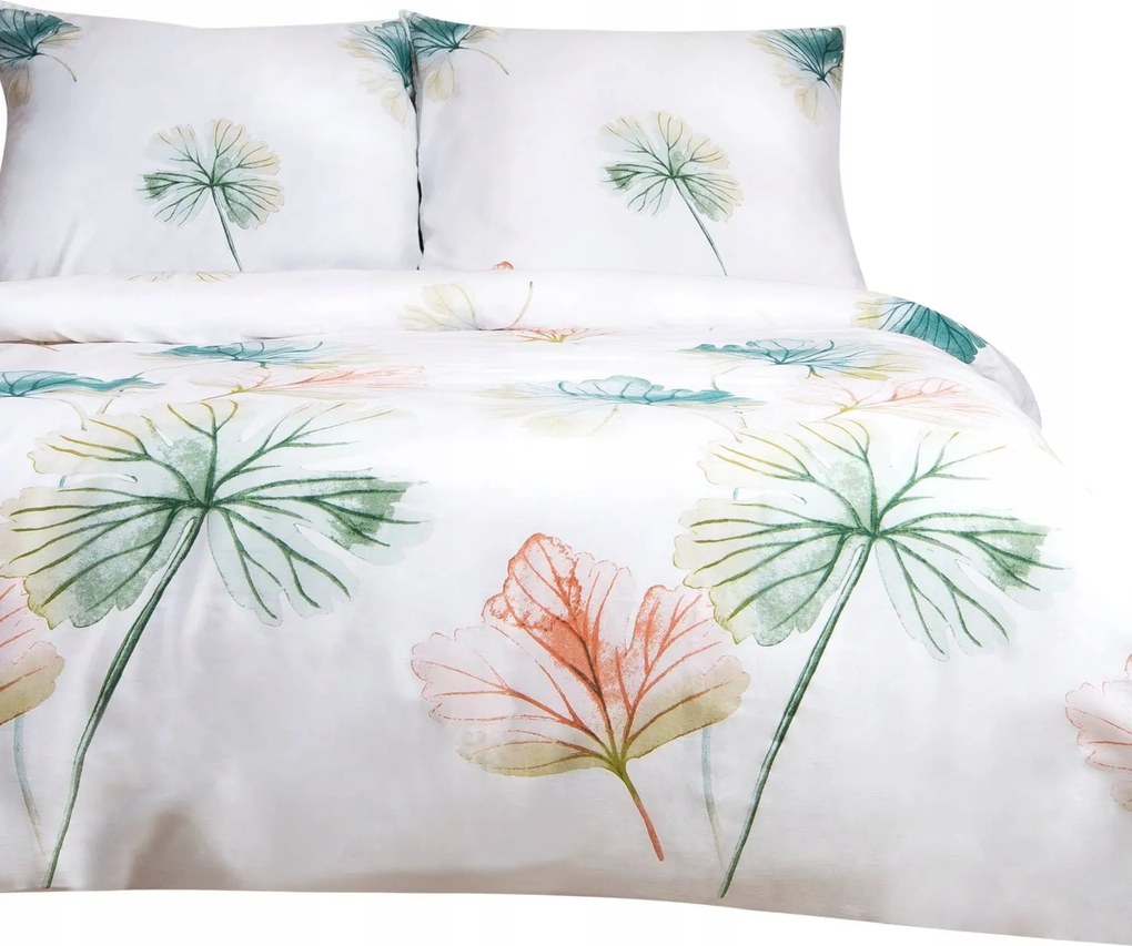 Szatén pamut-szatén ágyneműhuzat Satynlove 160x200 virágos fehér zöld