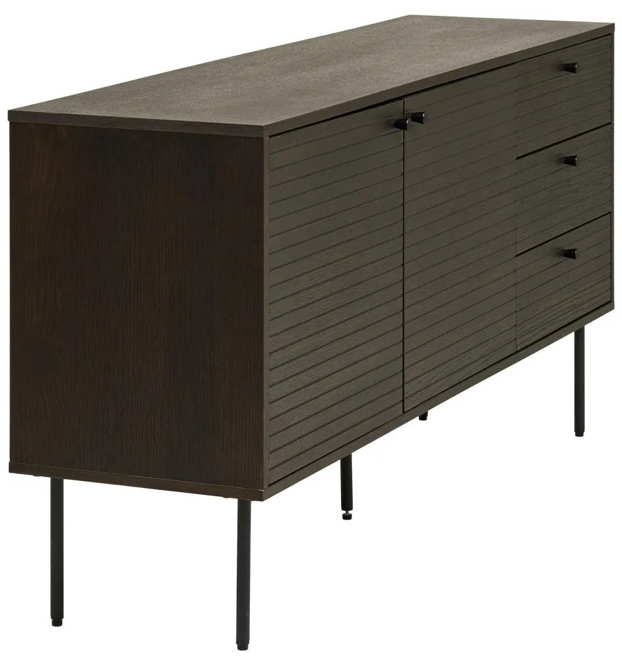 Kyoto komód 3 fiókkal, 2 ajtóval, tölgyfa furnér, füstölt, fekete fém lábakkal, 150x40x74 cm