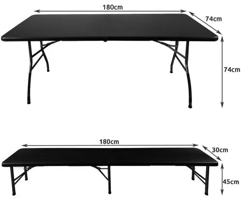 Összecsukható kerti asztal 180cm + 2 pad - fekete