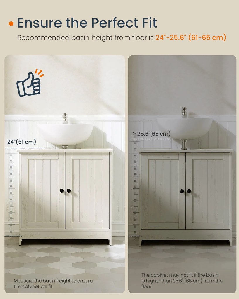 Rusztikus fehér mosdó alatti szekrény állítható polccal, szerszám nélkül