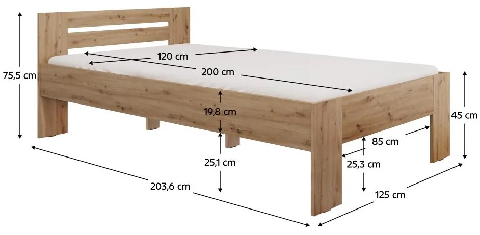 Egyszemélyes ágy 120x200 cm Boyard (artisan tölgy). 1119505