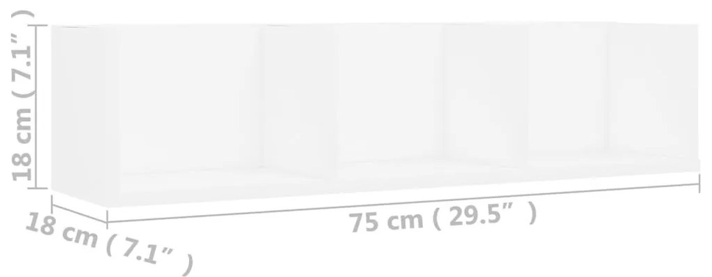fehér szerelt fa CD-tartó fali polc 75 x 18 x 18 cm