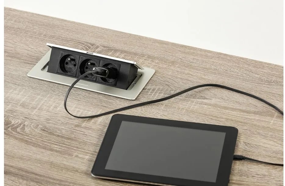 Konnektor, pultba süllyeszthető, fekvő, SOFT, 3x dugalj, 1,5fm kábellel, alumínium