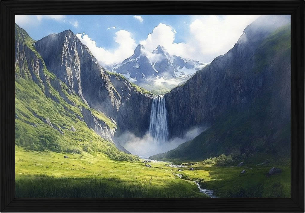 Poszter Keret Fa Tájkép Hegyek Csúcsok Panoráma Vízesés Folyó 60x40