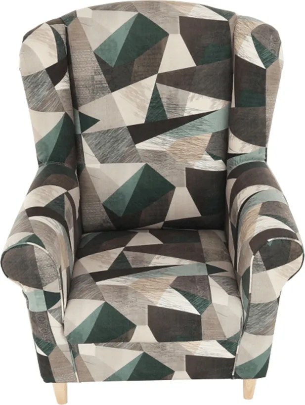 Füles fotel puffal, szövet barna-zöld minta, ASTRID