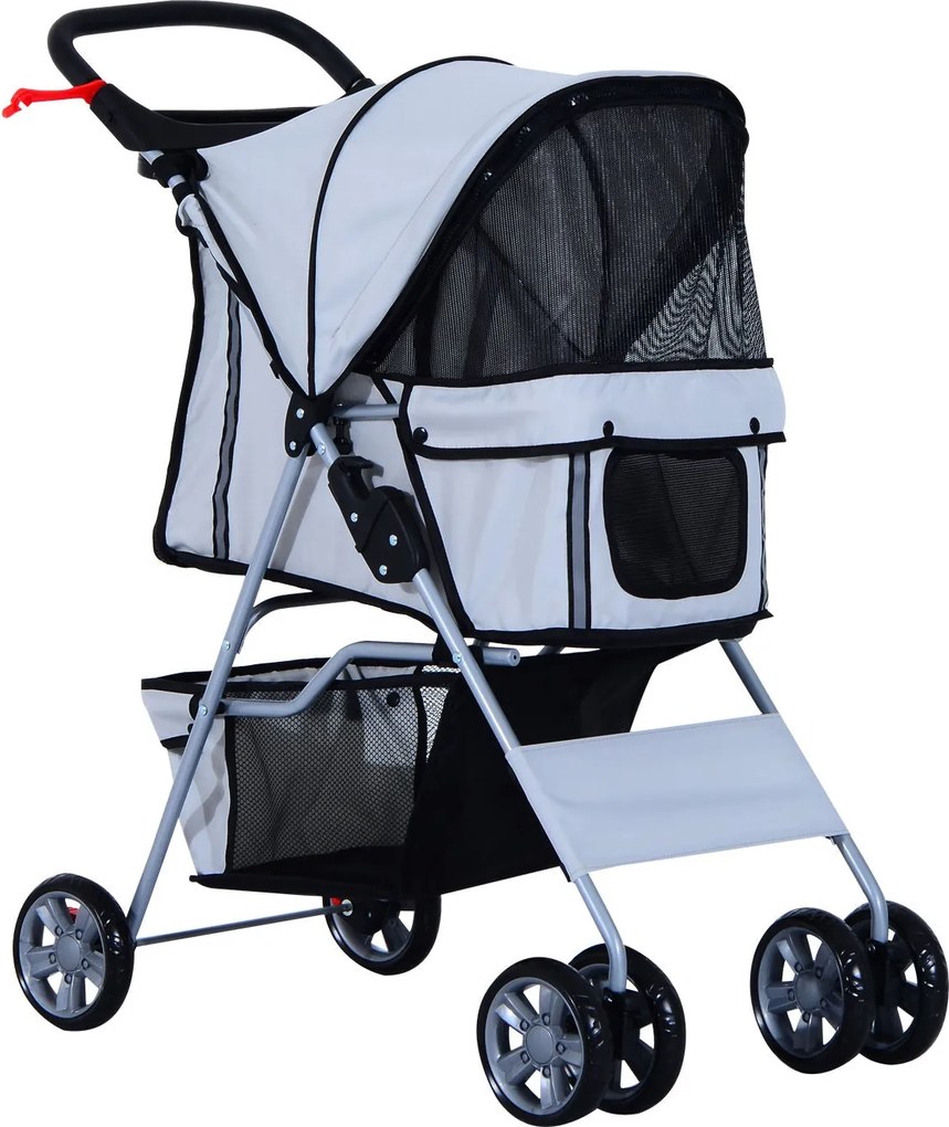 PawHut Kutyakocsi, Összecsukható Kutyakocsik Kisméretű és Miniatűr Kutyák Számára, Macskakocsi Tárolókosárral, Pohártartóval, Hálós Ablakokkal, Ezüst