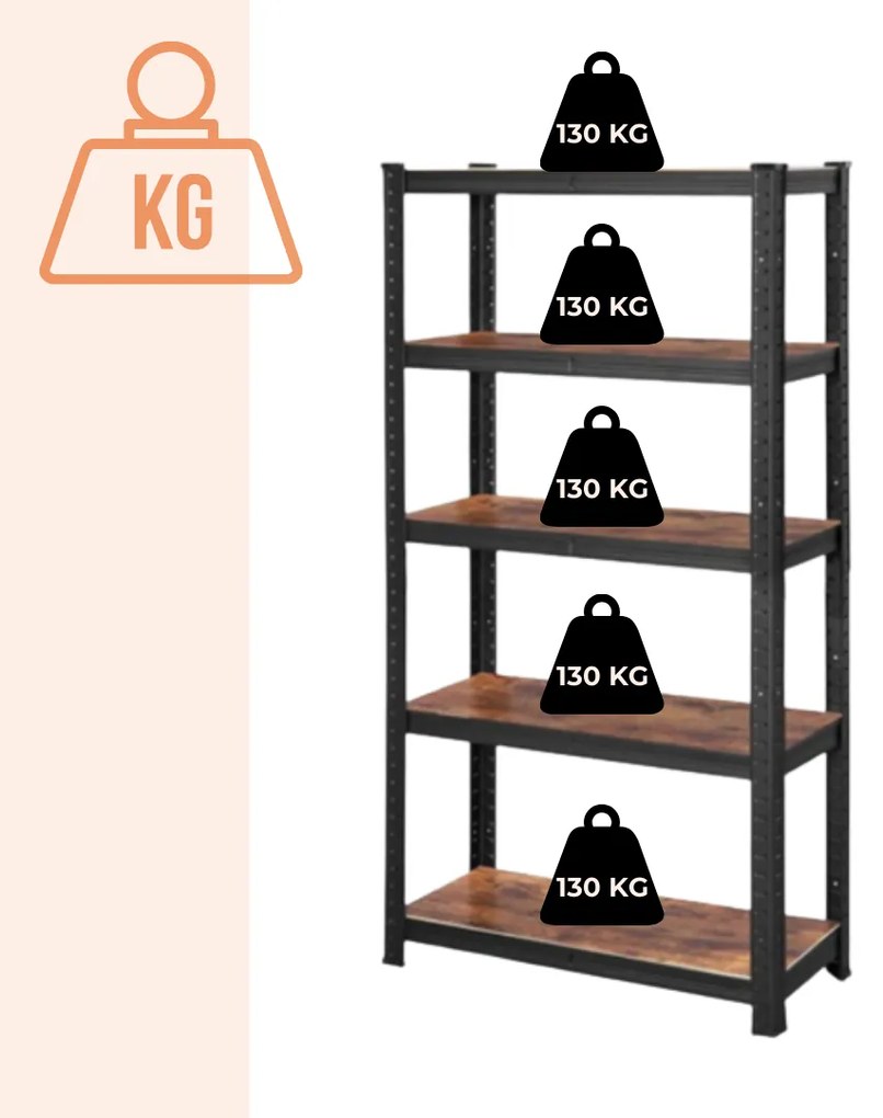 DUSTY polcos állvány, 5 polc, max 650kg, fekete/barna Jurhan