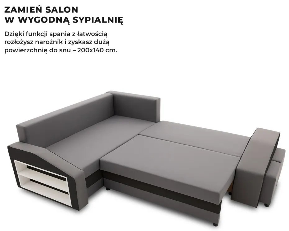 Grande sarokkanapé polcokkal és puffokkal , polc a bal karfaban puffok a jobb karfaban, baloldali, szövet anyag, bonell töltet, szürke - fekete