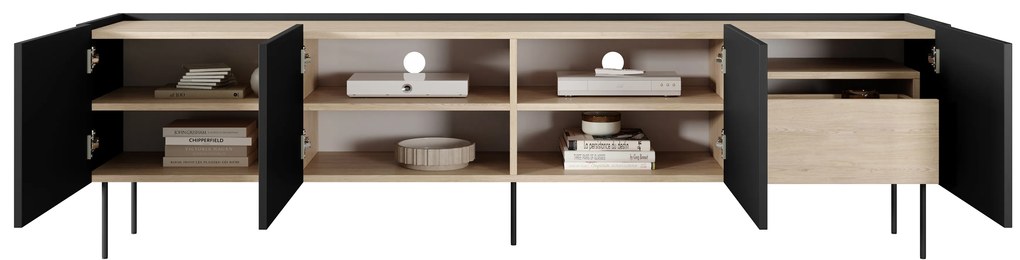 Desin 220 4D1SZ négyajtós TV-szekrény polccal - matt fekete / nagano-tölgy