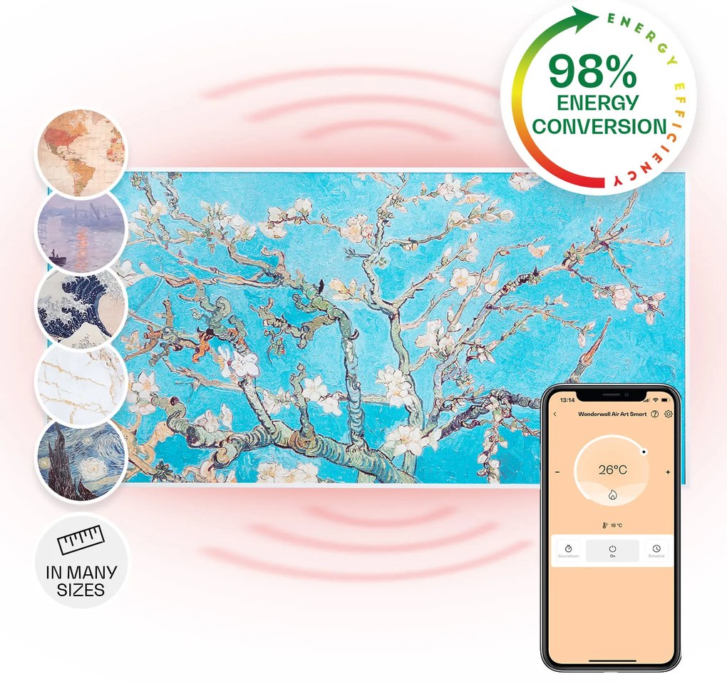 Klarstein Wonderwall Air Art Smart, infravörös hősugárzó, 120 x 60 cm, 700 W, alkalmazás, mandulavirág