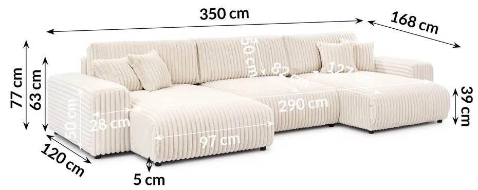 Krémszínű kordbársony kinyitható-tárolóhelyes sarokkanapé (U alakú) Sarina – Ropez