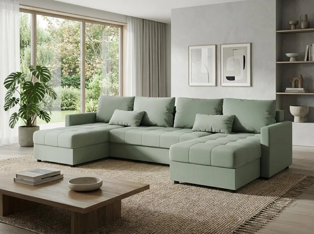 AKCIÓ U alakú kinyitható kanapé VENORIA 285x146 cm, világoszöld + 2 párna INGYEN II. minőség