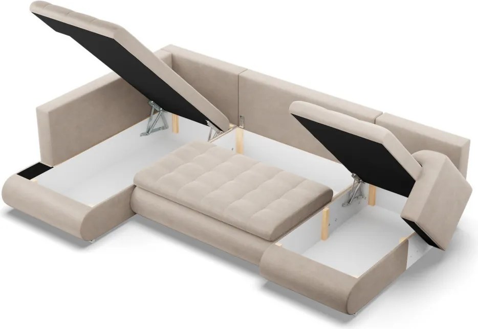 Tokio U sarokkanapé, 3 ágyneműtartóval, bársony, baloldali, bézs