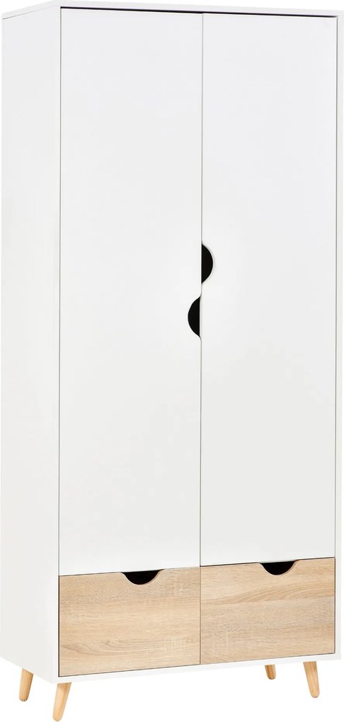 HOMCOM Kétajtós Szekrény 1 Polccal, 1 Akasztórúddal, 2 Fiókkal, Kifaragott Fogantyúkkal, Fehér 80x40x180cm | Aosom