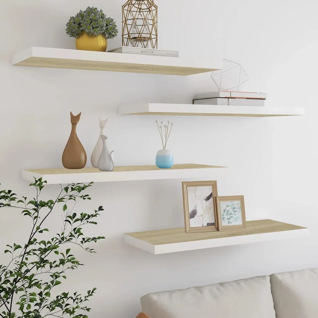 4 db tölgyszínű és fehér MDF lebegő fali polc 80x23,5x3,8 cm