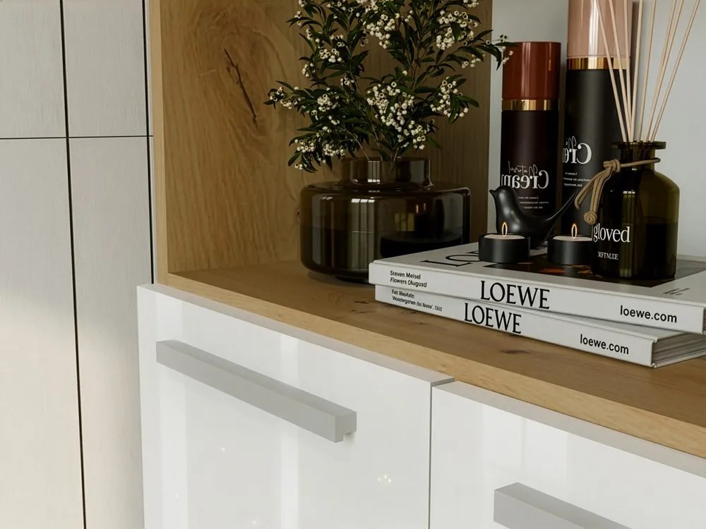 Aldabra 2K DK fürdőszoba szekrény, szennyestartóval, 60x174x30 cm, tölgy-fényes fehér front
