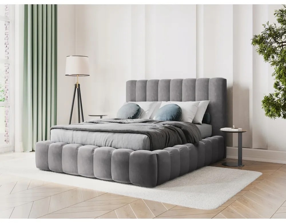 Szürke kárpitozott franciaágy tárolóhellyel, ágyráccsal 180x200 cm Kelp – Micadoni Home