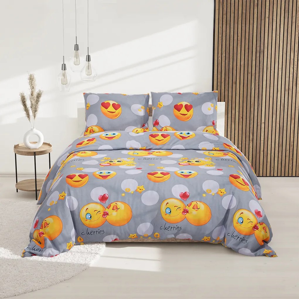 EMOJI szürke pamut ágyneműhuzat