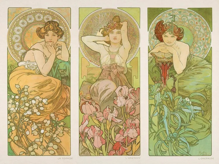 Reprodukció Topaz, Amethyst & Emerald, Alfons Mucha