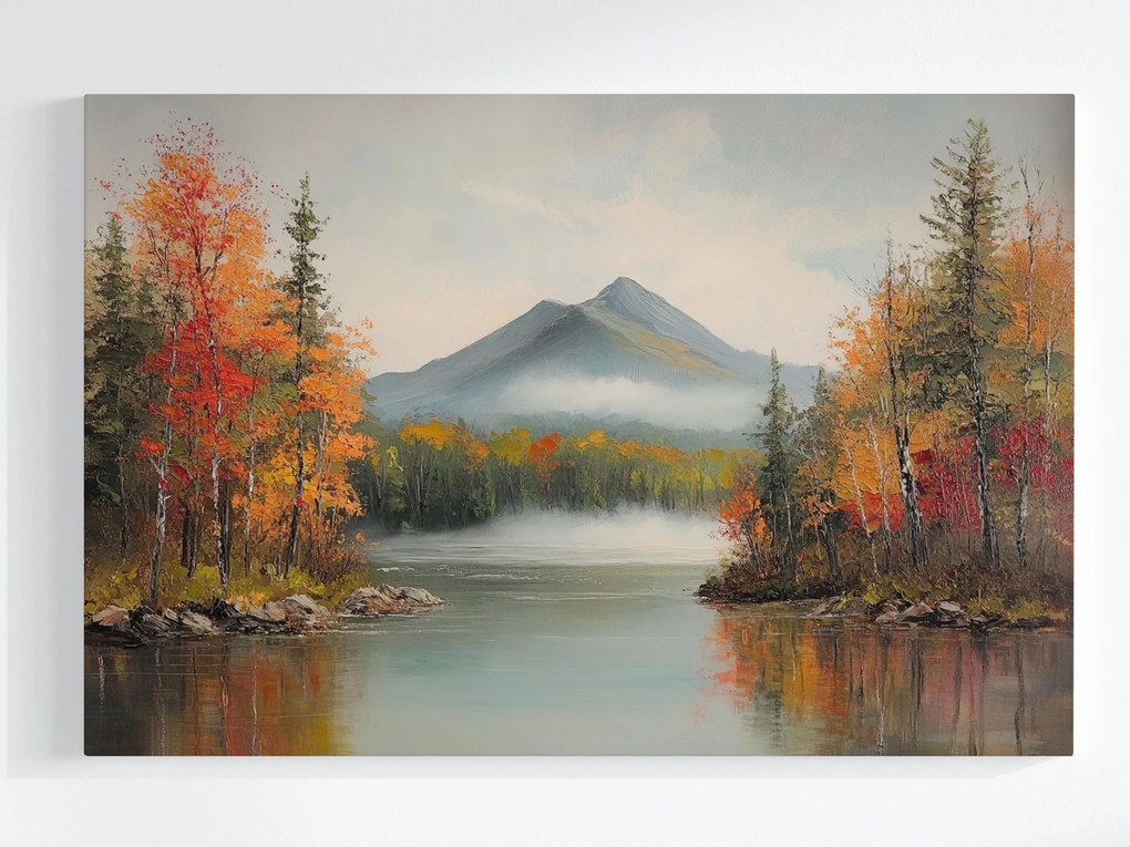 Vászonkép Canvas Tájkép Hegyek Erdő Tó Folyó Ősz Köd 60x40