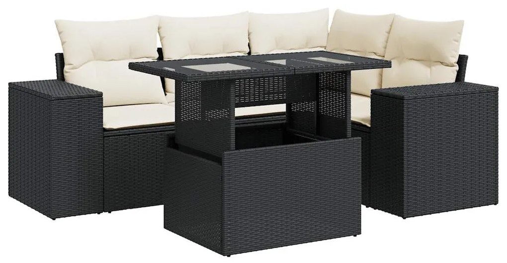 5 részes fekete polyrattan kerti kanapészett párnákkal