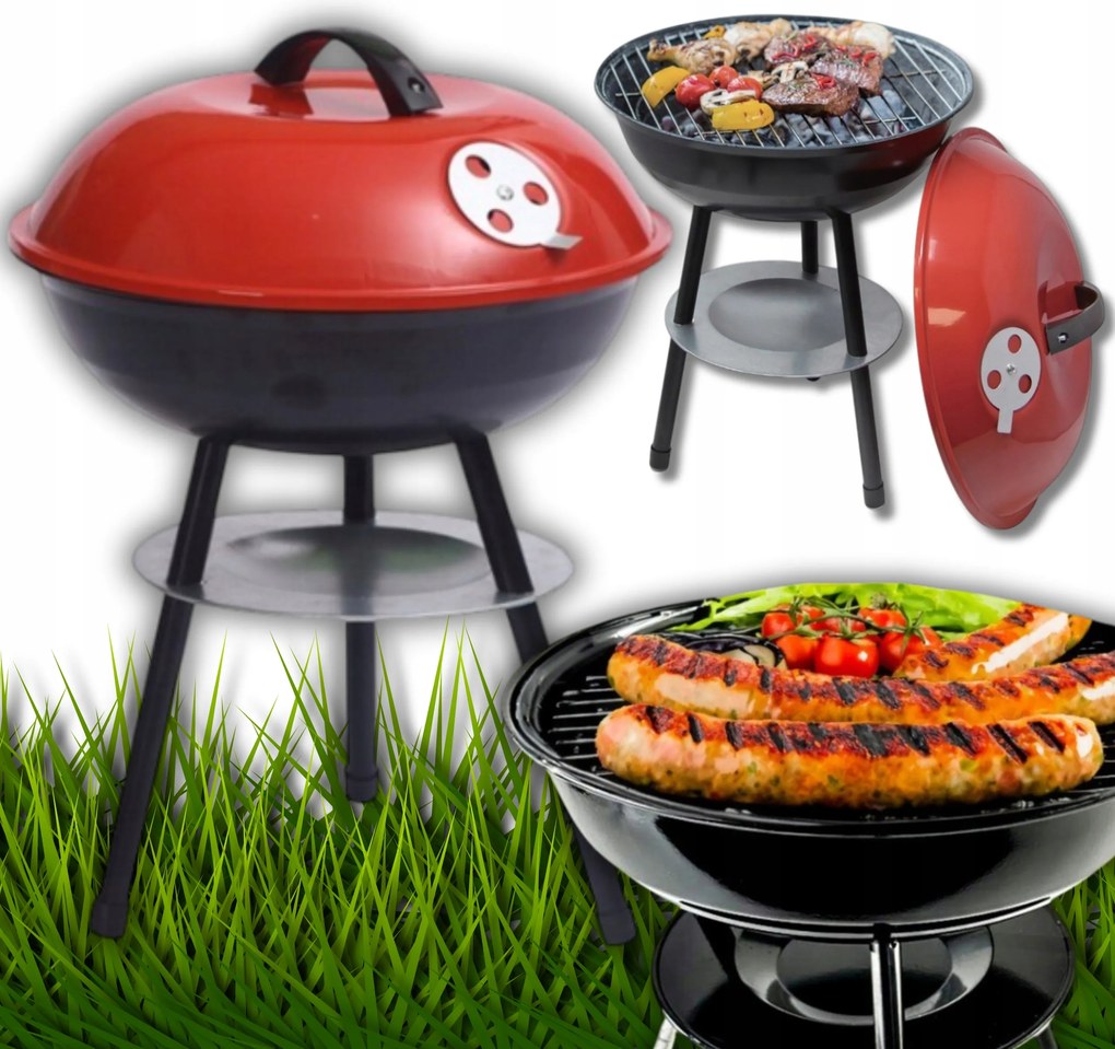 Kerti Grill Hordozható Faszenes Fedéllel Stabil Kerek Álló 36 CM