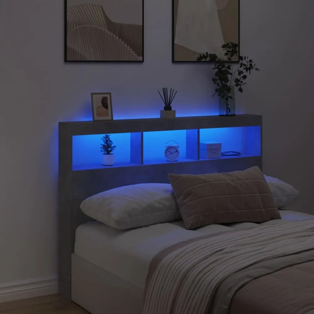 betonszürke áthidalószekrény LED-világítással 140 x 17 x 102 cm