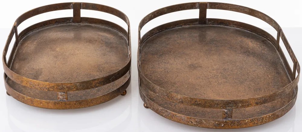 Ovális fogantyús koptatott bronz színű 2db-os fém tálca szett 6x40x26/6x35x22cm