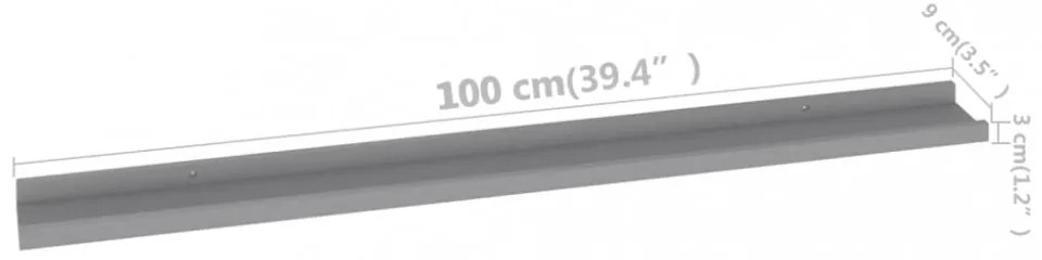 2 db szürke fali polc 100 x 9 x 3 cm