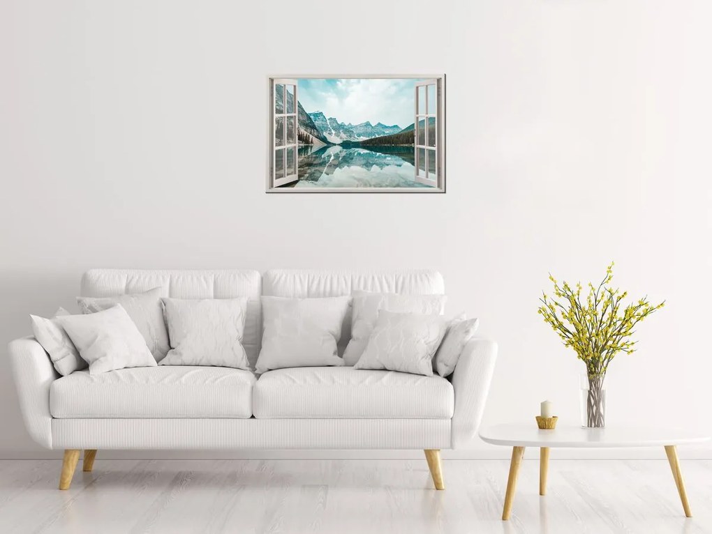 Gario Vászonkép Nyitott ablak Türkizkék tó Méret: 90 x 60 cm