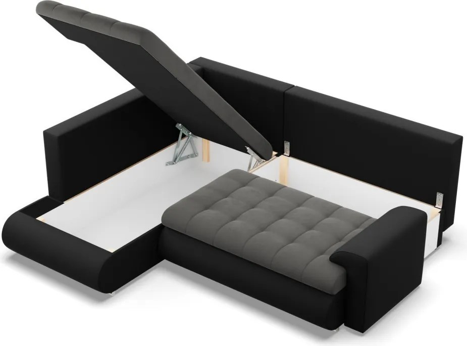 Tokio sarokkanapé, L alakú háttámlával, 2 ágyneműtartóval, bársony + műbőr, baloldali, szürke - fekete