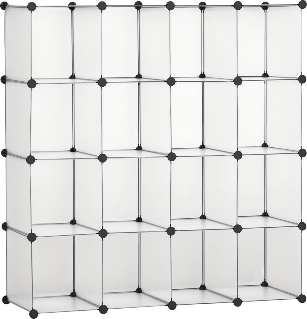 HOMCOM DIY moduláris polcrendszer 16 kockával, rakásolható DIY kockaszekrény, tárolószekrény, álló polc, cipőpolc műanyag acélból, Fehér, 125 x 32 x 1