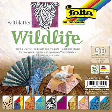 Origami papír, 15x15 cm, 80 g, 50 lap, FOLIA Wildlife, 10 különböző minta (FL4951515)
