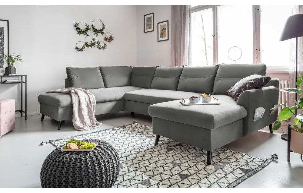 Stylish Stan világosszürke kinyitható U alakú bársony kanapé, bal oldali - Miuform