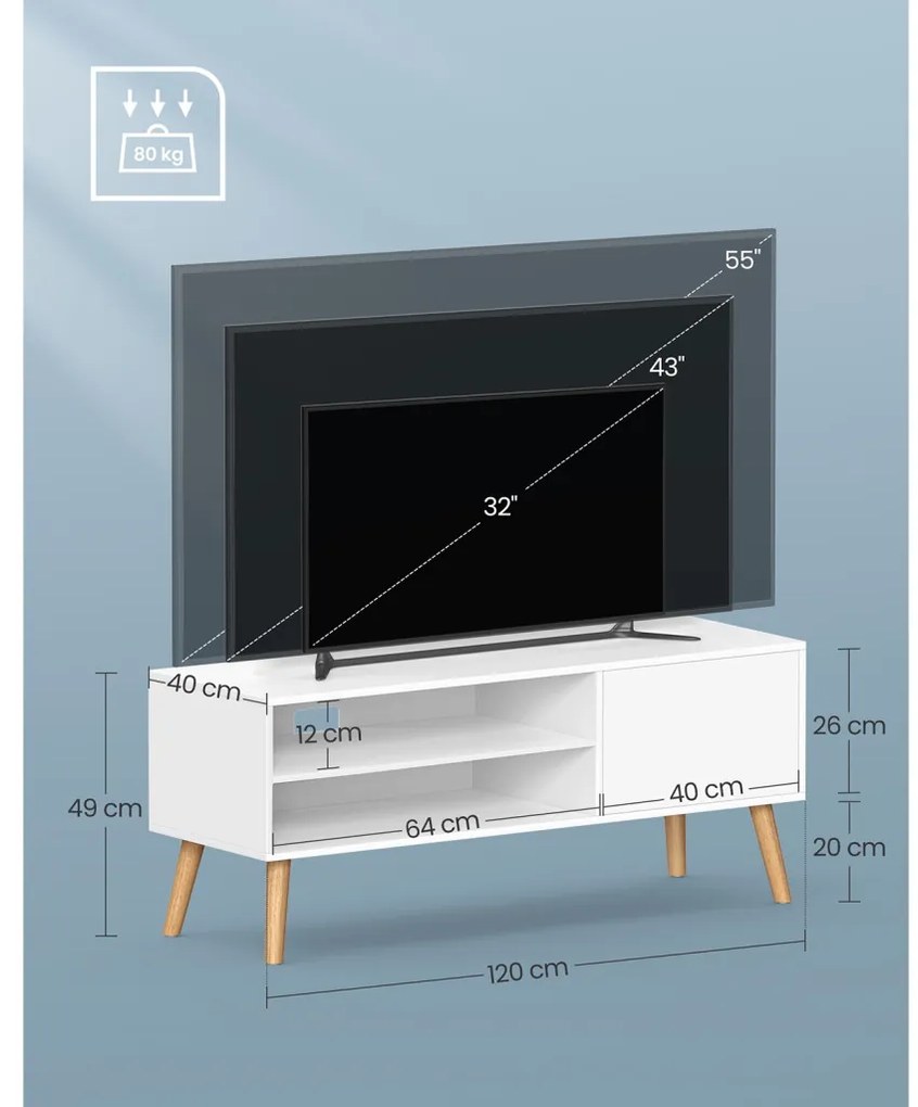 TV szekrény ajtóval és polcokkal, fehér 120x40x49cm