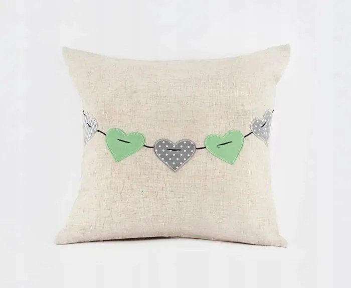 Díszpárnahuzat mimi lenvászon 40x40 zöld szürke szív természetes szívecskék